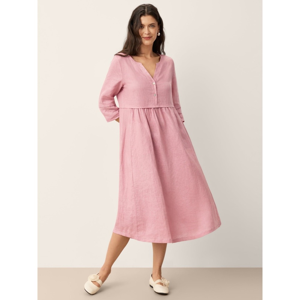 Lintico XL 100% Linen Loose Fit Button Waist Gathered Midi Dress LUNA Pink